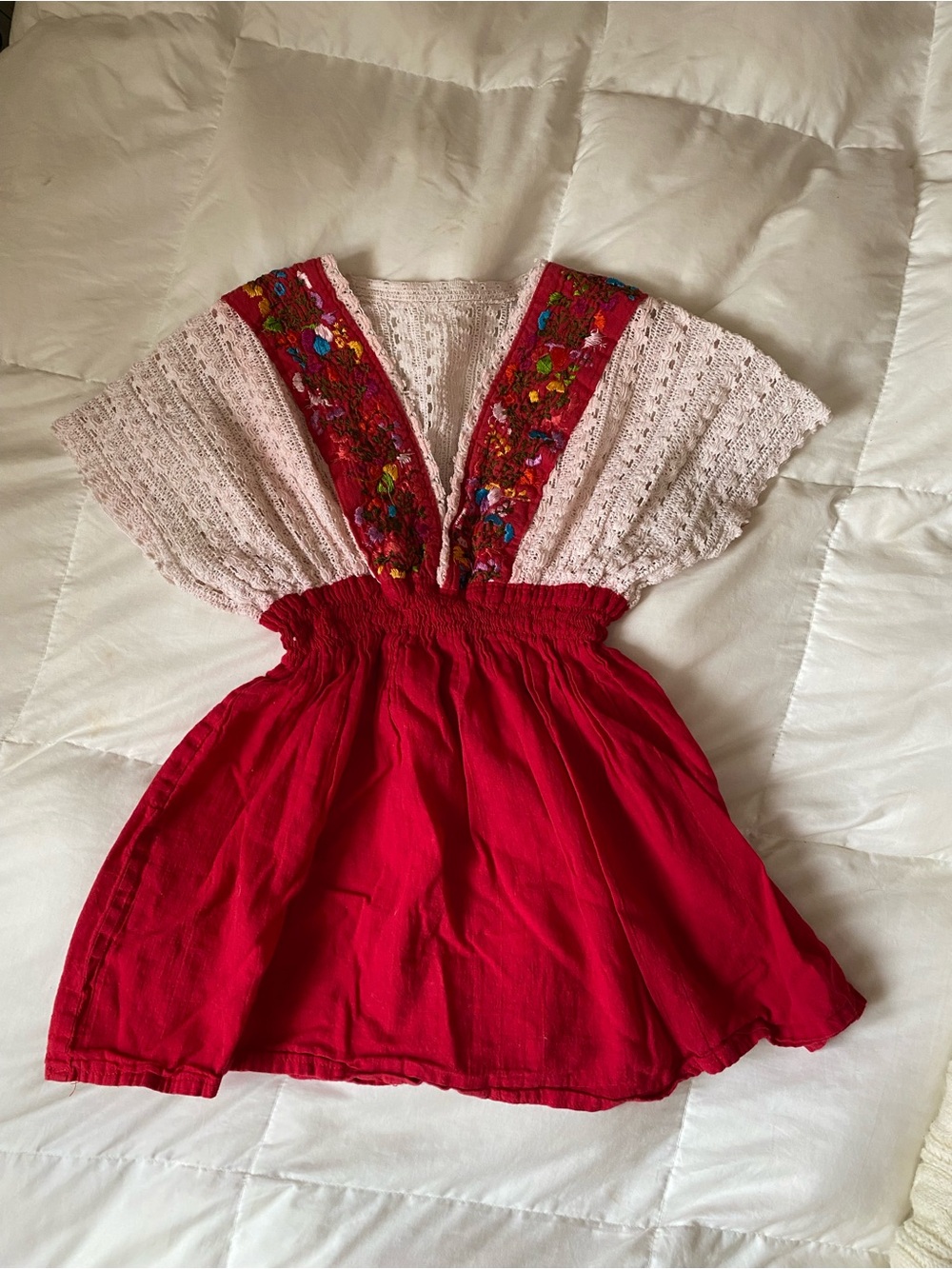 Y2K Red Smocked Waist babydoll top with Embroidered V-Neck